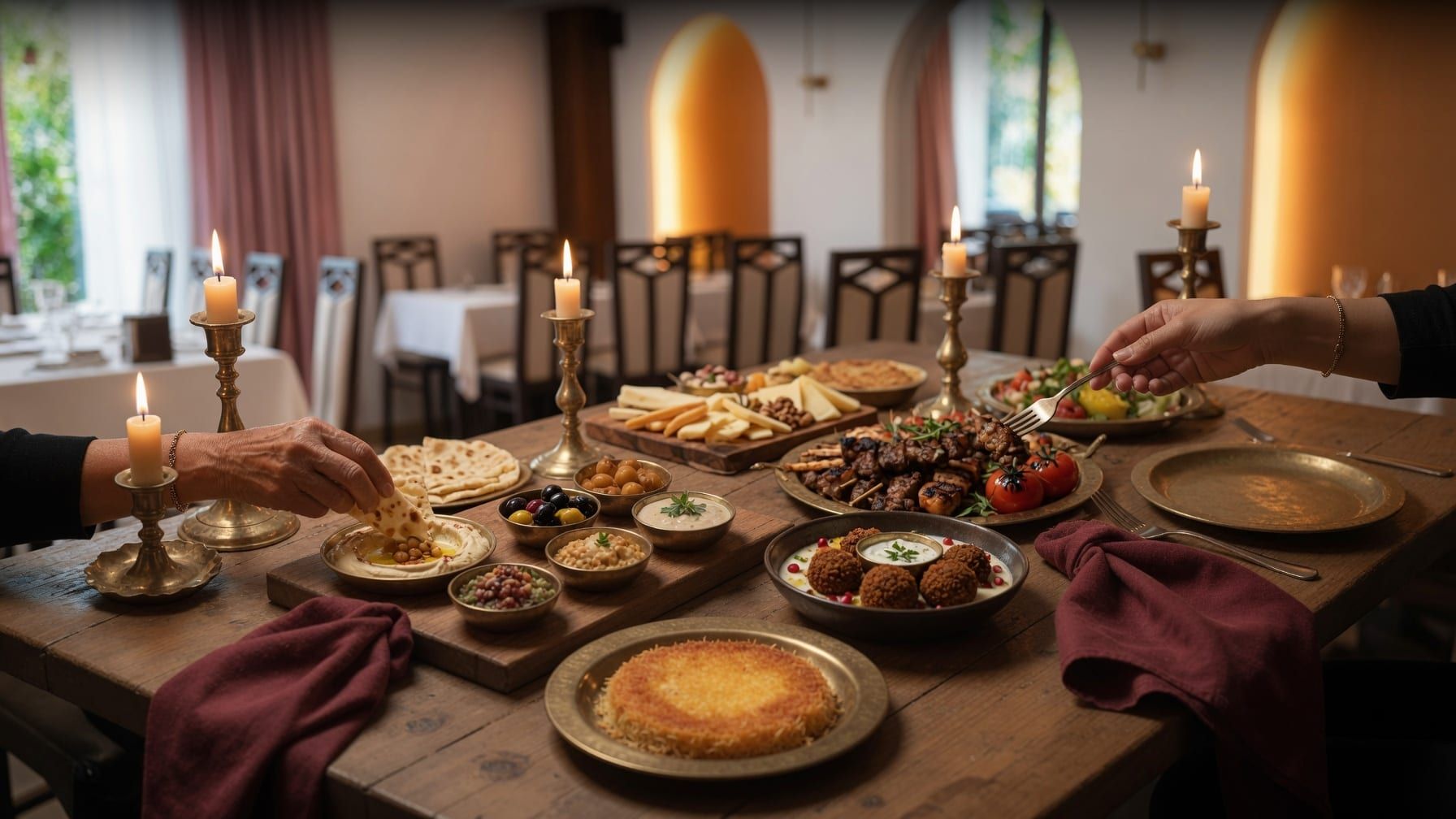 A shared table at Derian, Yerevan — mezze, hummus, kebabs and kunafe, with hands reaching in