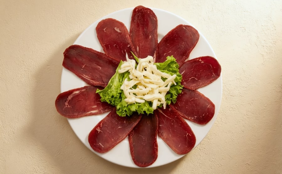 Basturma at Derian, Yerevan — Air-cured beef sliced fine, with cheese and greens — dense, deeply savoury, and made to be eaten in small pieces.