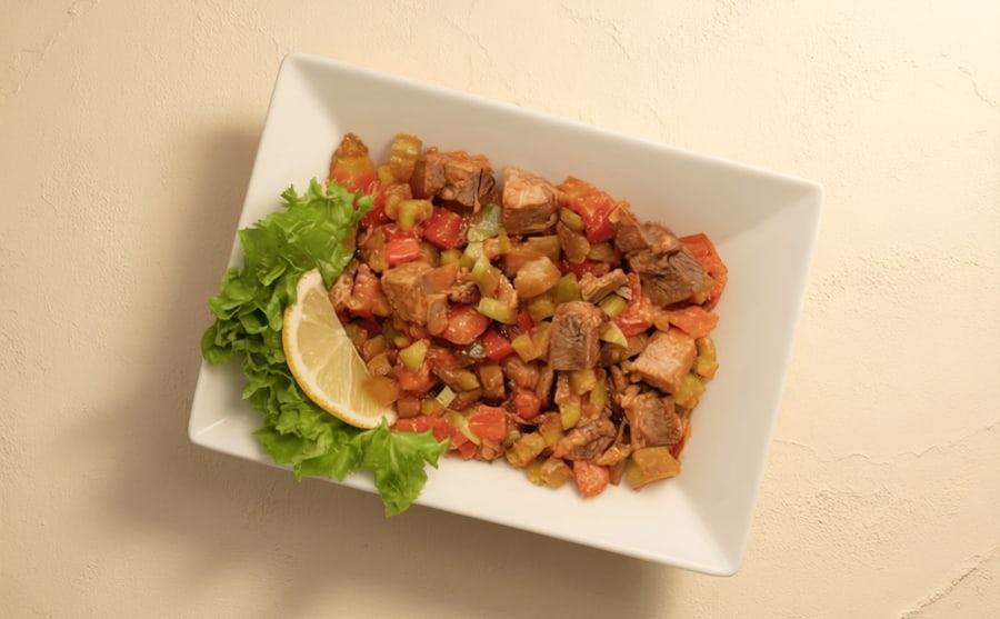 Beef tongue salad at Derian, Yerevan — Sliced beef tongue with vegetables — tender, mild and faintly rich, a salad for whoever orders the interesting thing.