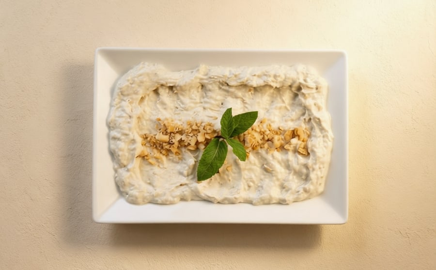 Chicken tarator at Derian, Yerevan — Chicken in a tahini and garlic sauce — soft, savoury and served cold, the mezze bowl for anyone who wants something filling.
