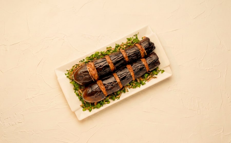 Eggplant kebab at Derian, Yerevan — Eggplant grilled alongside spiced minced meat — smoke on smoke, and softer than most of the kebabs either side of it.
