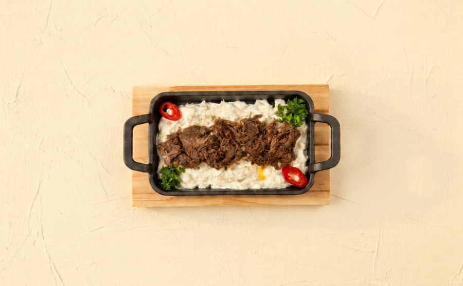 Eggplant tarator with ghawarma at Derian, Yerevan — Eggplant tarator topped with rich ghawarma — smoke under salt, and a heavier plate than the plain tarator on its own.