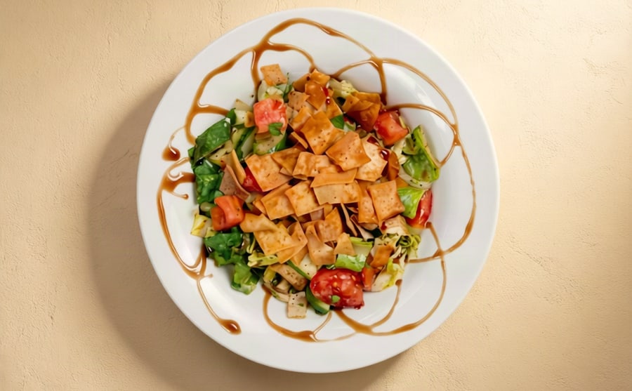 Fattoush at Derian, Yerevan — Mixed vegetables with sumac and pieces of fried bread — tart, crunchy and noisy, the salad that improves as it sits.