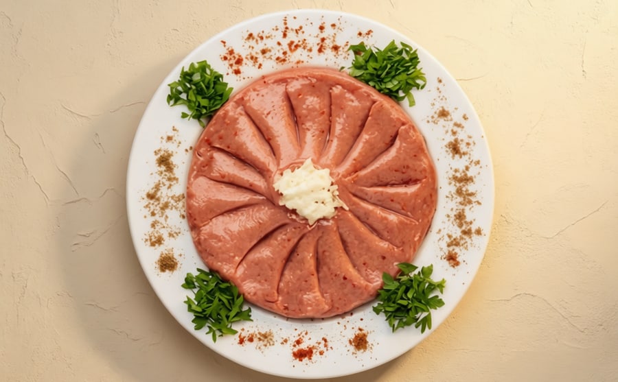 Habra nayeh at Derian, Yerevan — Raw meat and bulgur, spiced and pressed into a wide round — the Aleppine way with it, taken with onion, herbs and lemon.