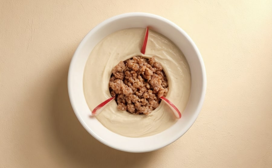 Hummus with meat at Derian, Yerevan — Chickpeas and tahini under a spoonful of minced lamb — the mezze bowl turned into something you could call lunch.