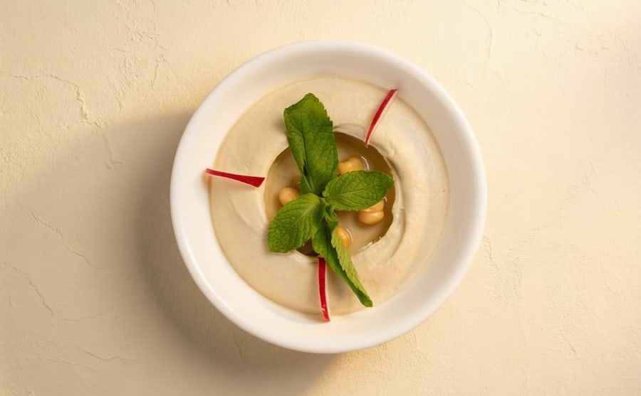Hummus at Derian, Yerevan — Silky chickpea hummus finished with lemon and good olive oil — the quiet classic that starts every proper table.