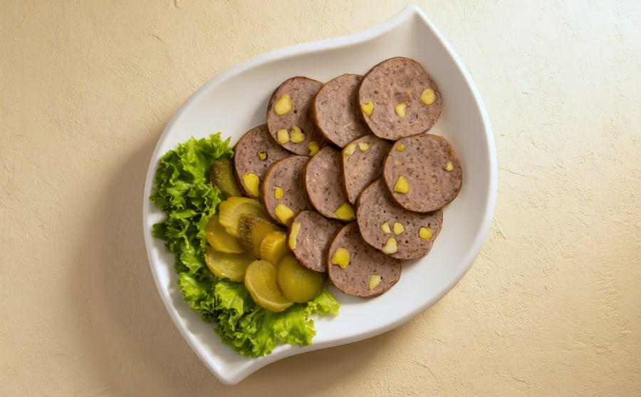 Martadel at Derian, Yerevan — House mortadella with pickles and lettuce — mild, cold and easy, the plate that suits everyone sitting at the table.
