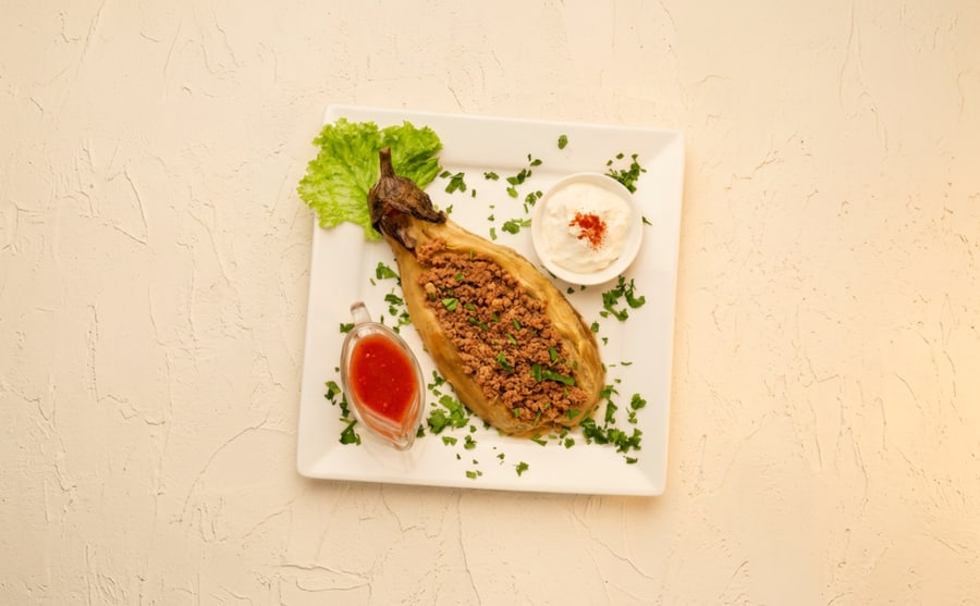Meat eggplant at Derian, Yerevan — Eggplant and spiced minced meat cooked down together — soft, savoury and deep, the comfort plate of this section.