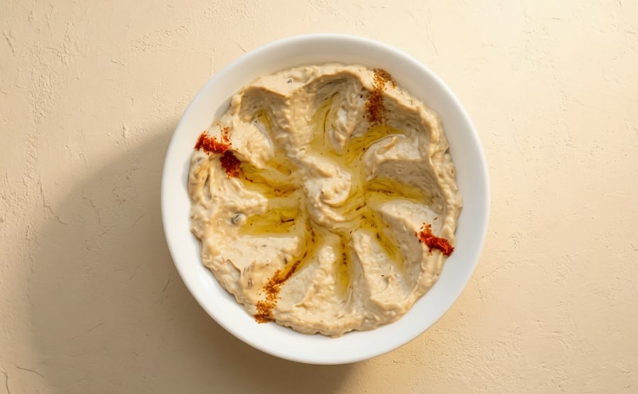 Moutabal at Derian, Yerevan — Smoked eggplant whipped smooth with tahini and yogurt — cool, quietly smoky, and the gentlest of the dips on the board.