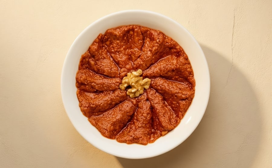 Muhammara at Derian, Yerevan — Red pepper and walnut loosened with olive oil — bold, a little sweet, and the Aleppine dip most tables order twice.