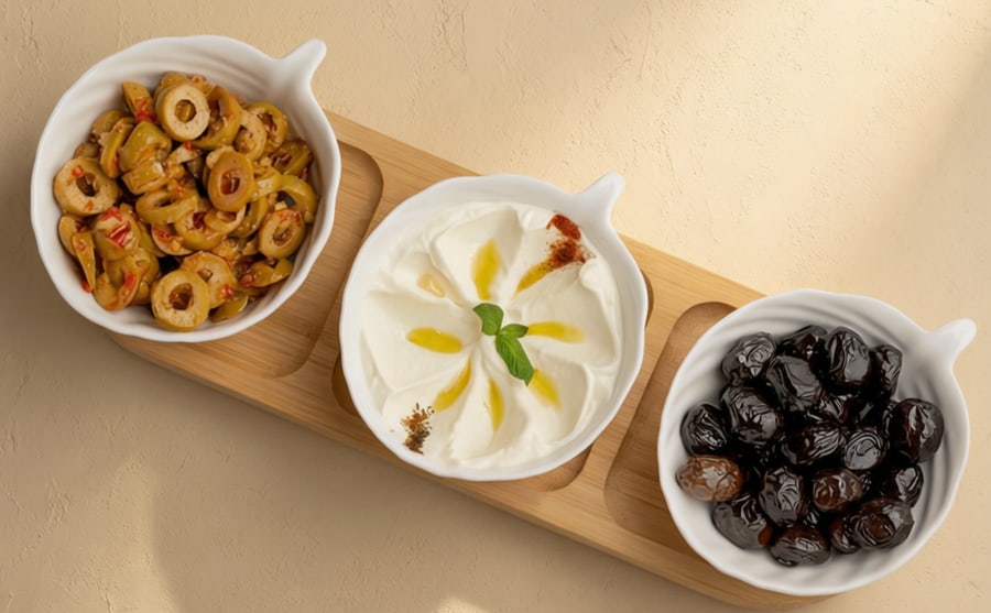 Olive mix at Derian, Yerevan — Green and black olives with a bowl of strained yogurt — salty, cool and sharp, the easiest way to open a table.