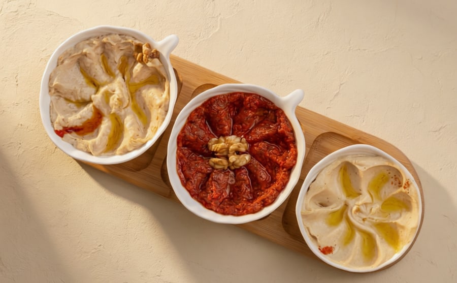 Oriental mix at Derian, Yerevan — Walnut dip, red pepper dip and smoked eggplant on one board — three ways to start, and the easiest order for a full table.