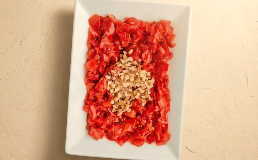Pepper salad at Derian, Yerevan — Red peppers and walnuts, chopped and dressed — sweet, nutty and mild, a salad with more body than most on this page.