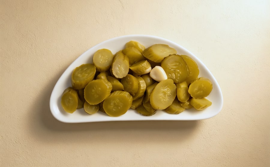 Pickles at Derian, Yerevan — House-pickled cucumber with garlic — sharp, crunchy and salty, the thing that resets your mouth between richer bites.