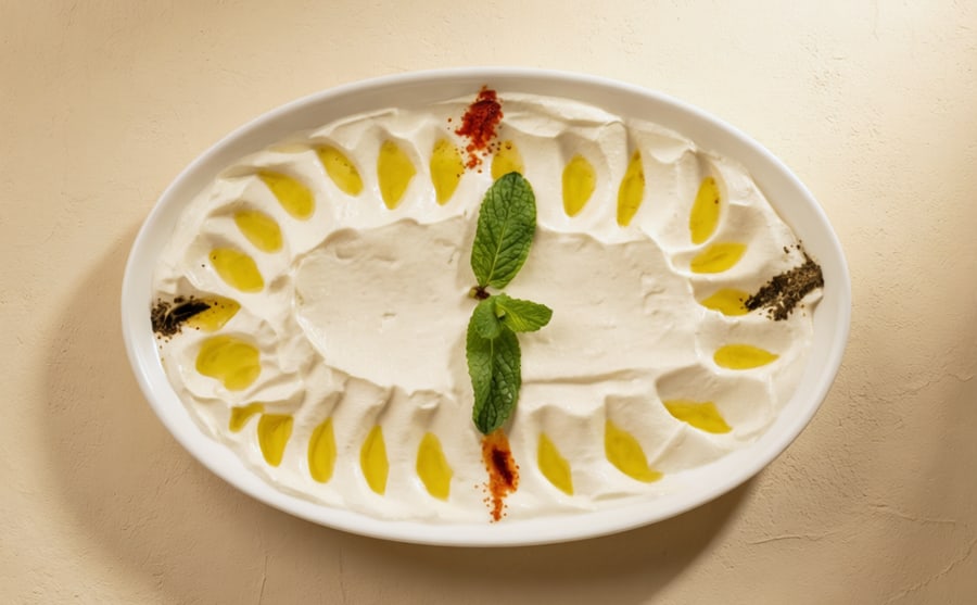 Strained yogurt at Derian, Yerevan — Strained yogurt under olive oil, mint and za'atar — thick, tart and herbal, one of the quietest things on the board.