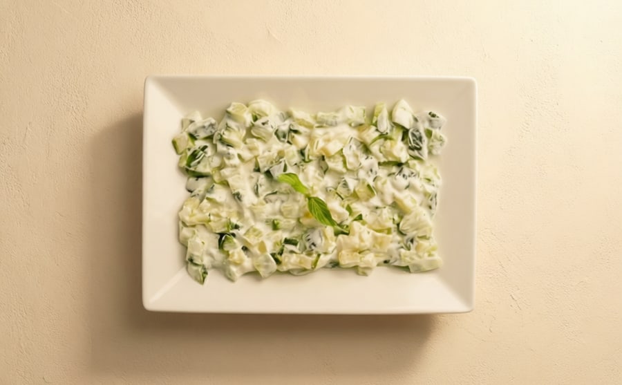 Yogurt with cucumber at Derian, Yerevan — Strained yogurt with cucumber and mint — the cold, calm bowl you reach for after something grilled or heavily spiced.