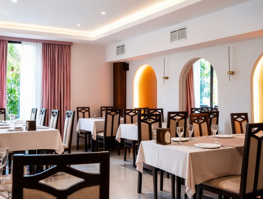 The dining room at Derian — set tables, arched niches and daylight from the garden windows