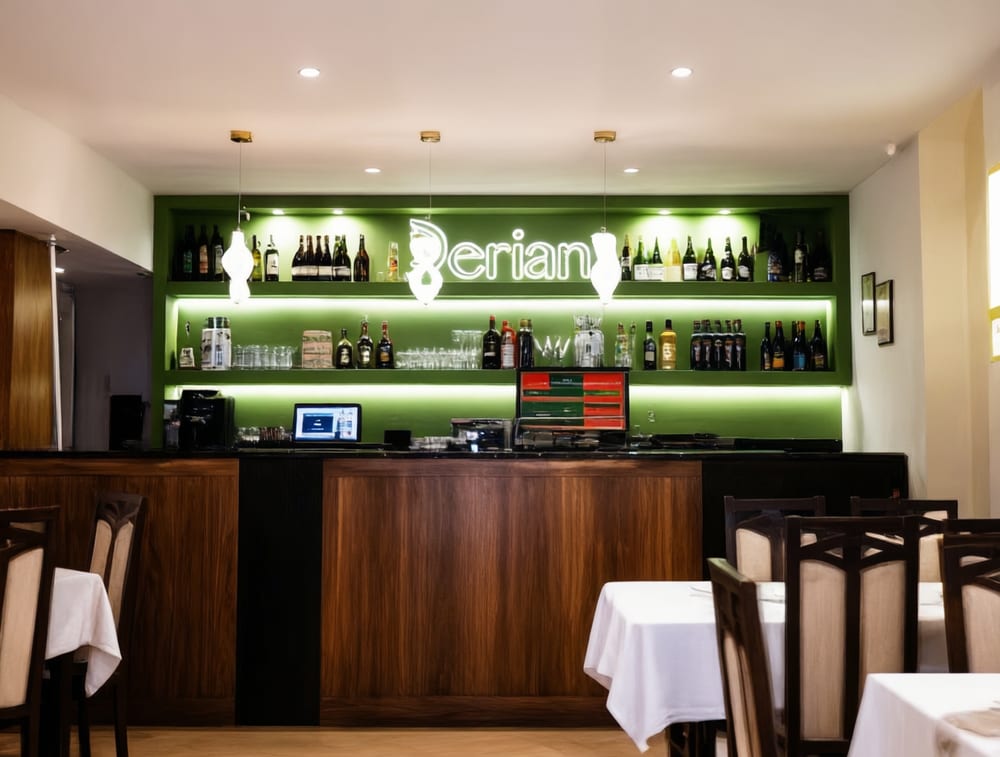 The bar at Derian — the lit Derian sign above the bottles, tables in the foreground